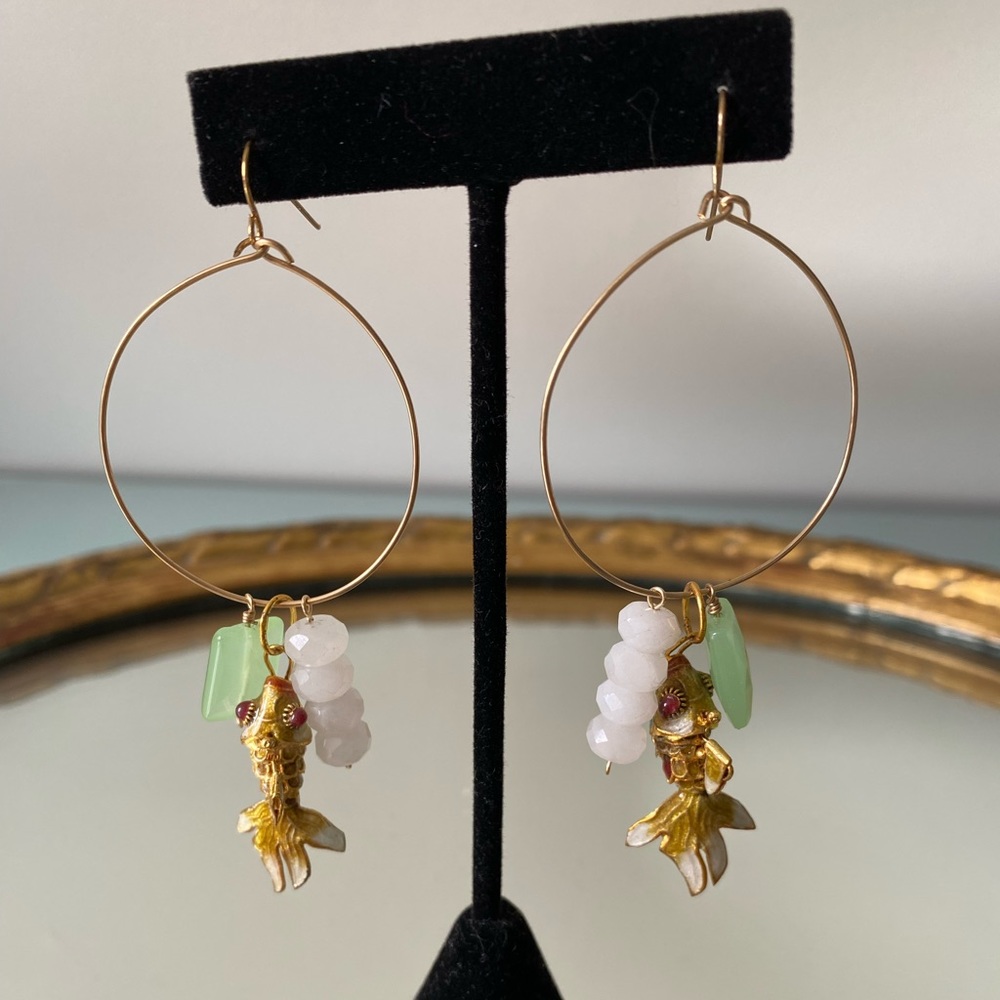 Cloisonné Fish and Quartz Hoop Earrings